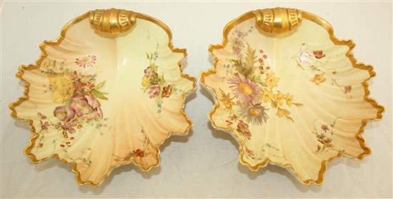 A pair of Royal Worcester blush ivory shell shaped dishes, c.1894/5, 23.5cm, one re-stuck